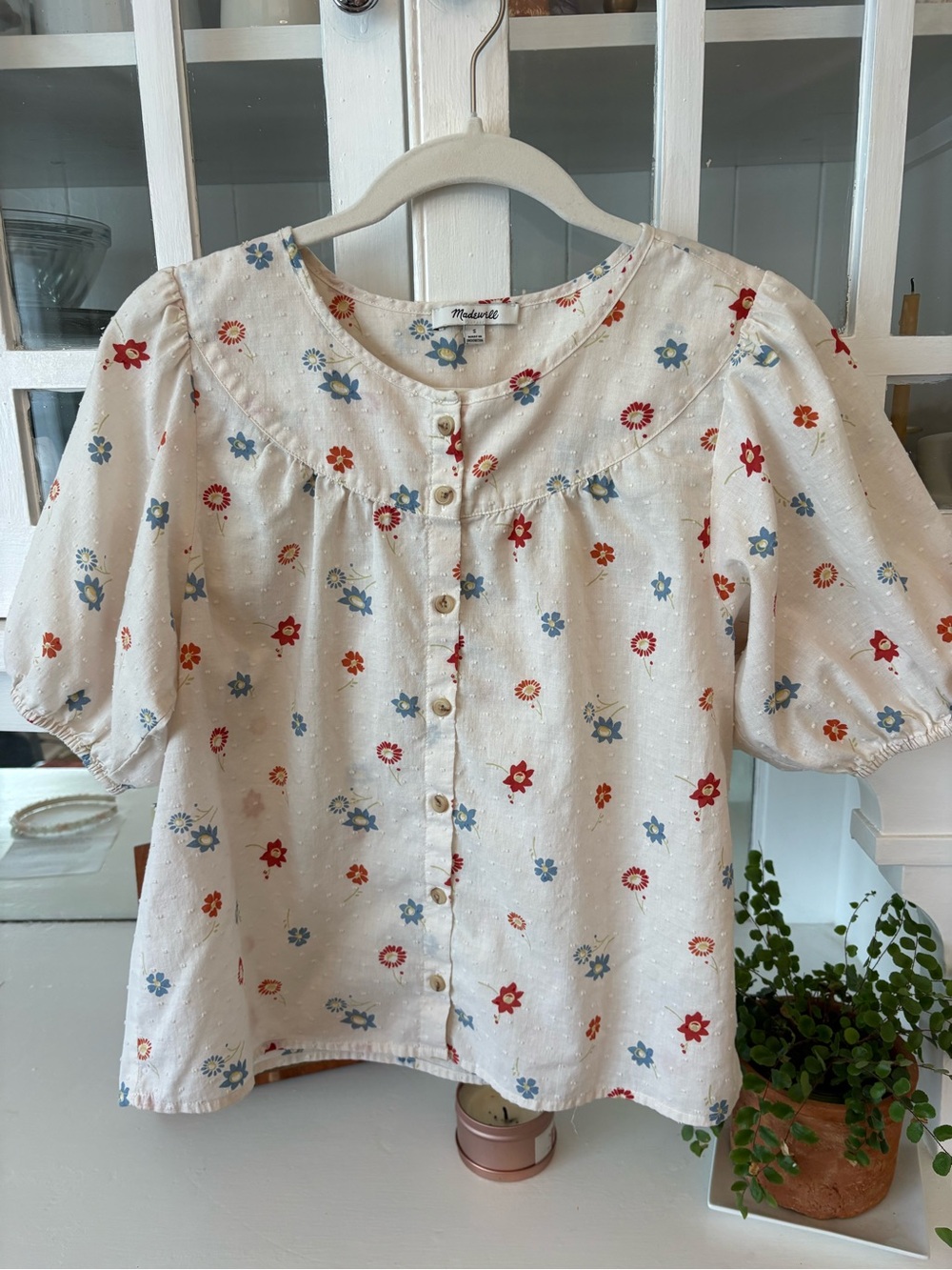 Madewell Cream Floral Button-Front Puff Sleeve Blouse